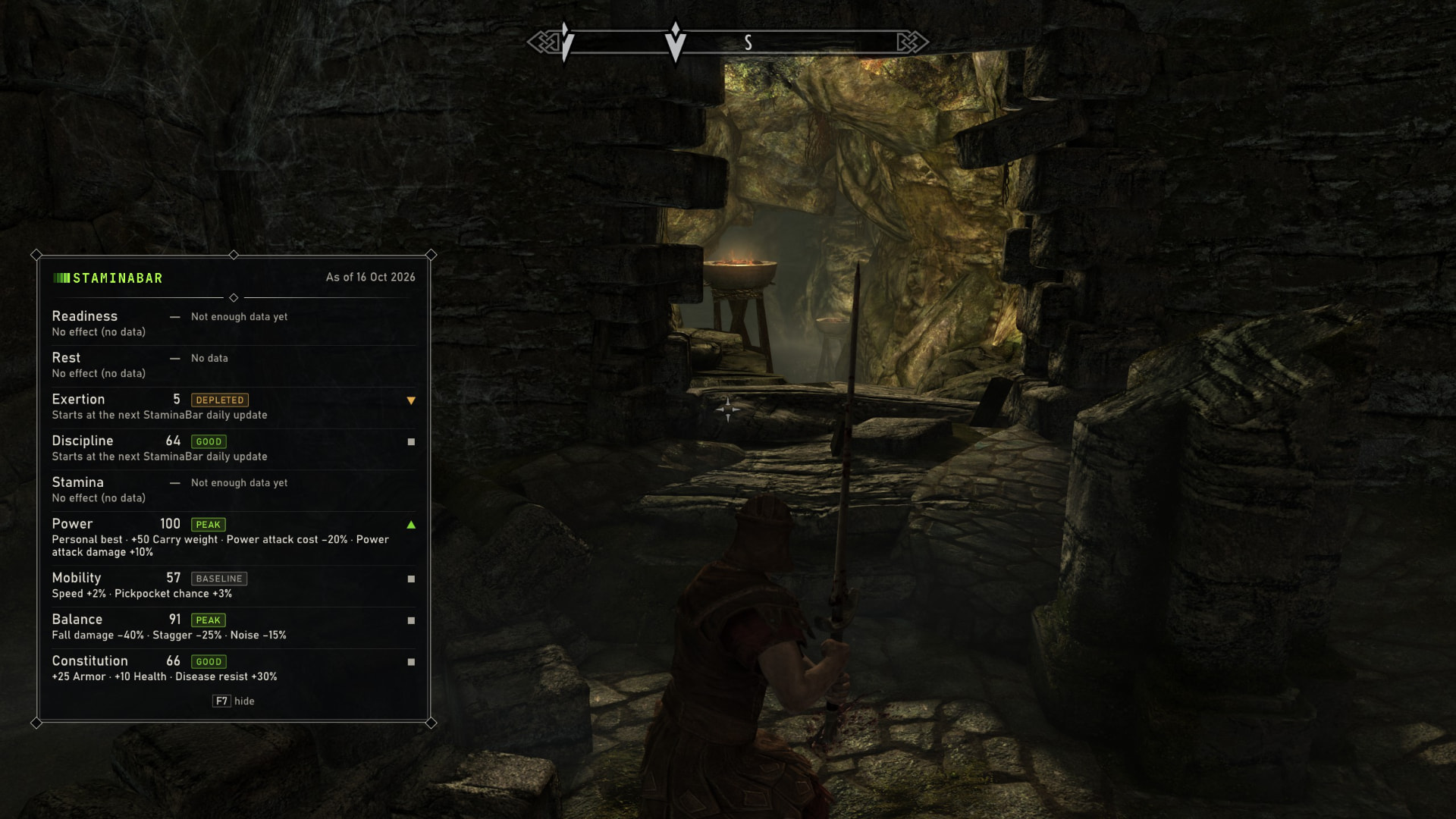 The Staminabar panel in Skyrim showing nine attributes and their in-game effects