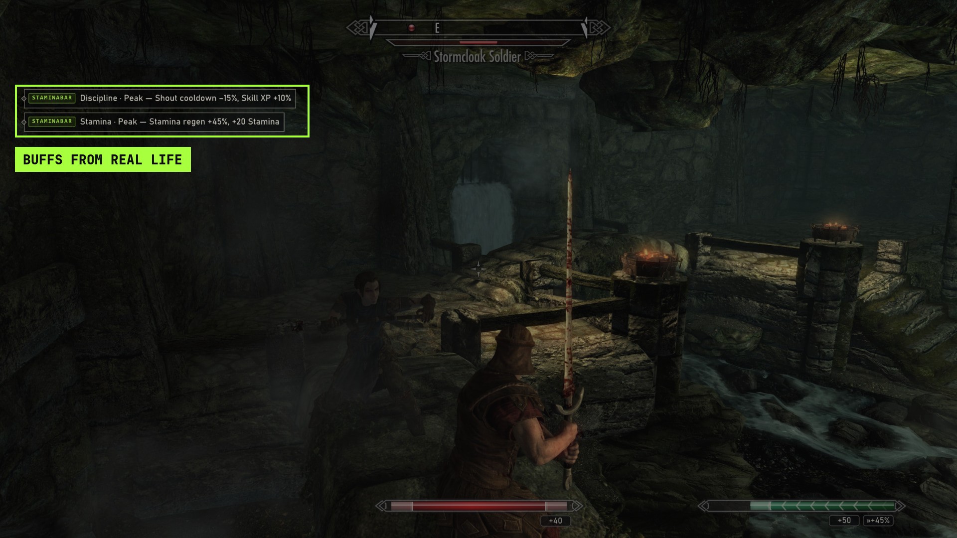Skyrim archer in a cave with two Staminabar buff notices highlighted at the top of the screen