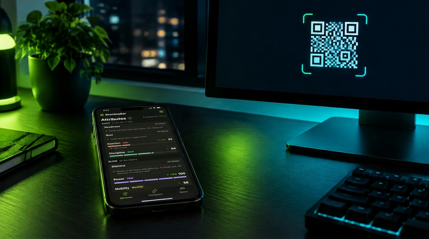 A phone showing nine score bars next to a monitor with a QR code