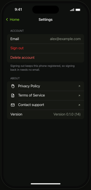 Staminabar Settings screen with Delete account option